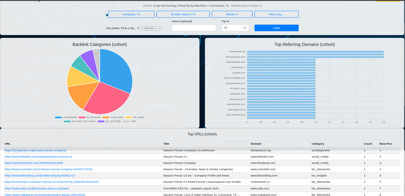 Backlink and keyword analysis dashboard